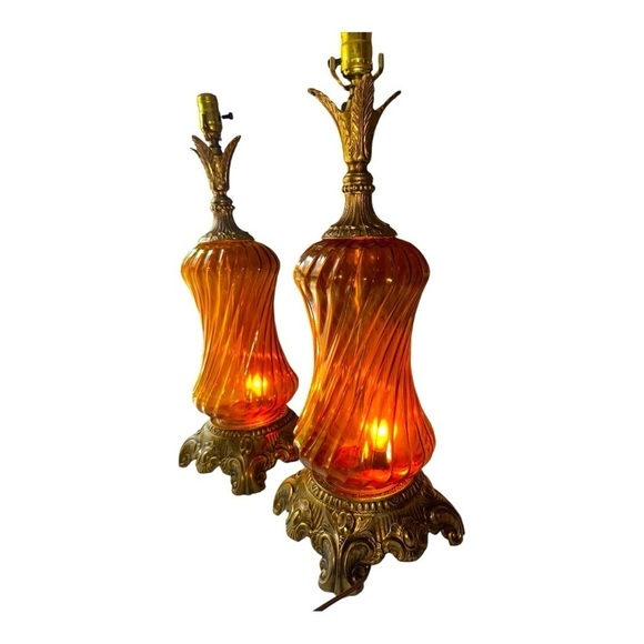 American Vintage Other - VTG Mid Century Falkenstein Amber Glass Regency brass large set of table lamps